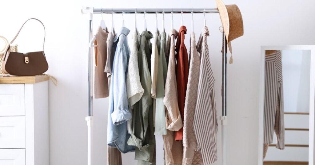 Neutral colour capsule wardrobe of white, black, navy, beige and grey clothing